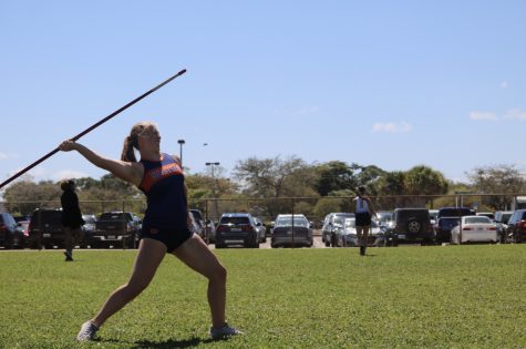Sophomore Kori Haggard throws a javelin at a track meet. The team has two upcoming track meets in the next two weeks.
