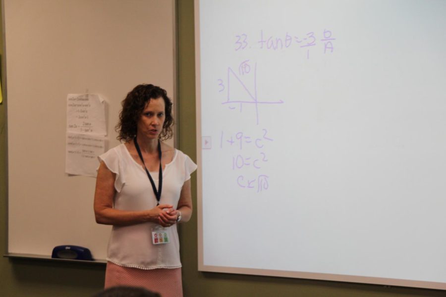 Ms. Cheryl McKenney explains a trigonometry problem to a student. She will be retiring at the end of this school year and splitting her time between Florida and
Utah.