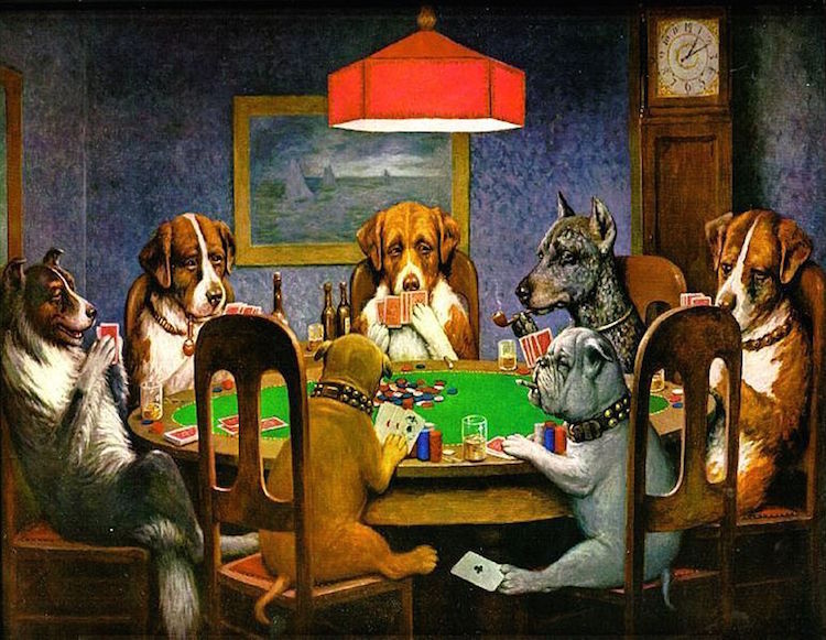 One of the most iconic poker images, Dogs Playing Poker, represents what an average home game may look like: people, in this case dogs, sitting around a table with cards in front of them and a pile of chips in the middle.