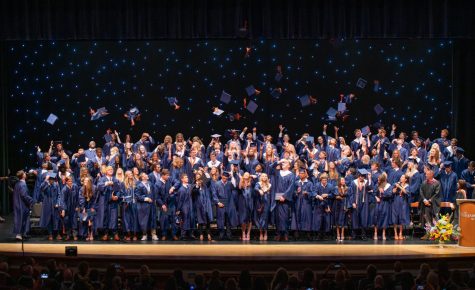 Graduates of the Class of 2023 flip their caps in celebration at the end of the 45th Commencement Exercises.