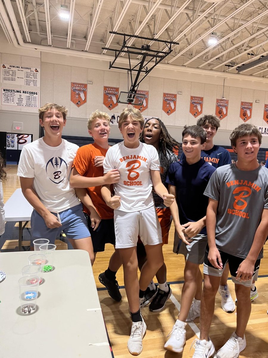 Nick Skillin, Luke Taplet, Paul Jose, Jayden Cosby-Mosley, Ollie First, Jack Kelleher, and Colin Gelnaw all celebrate after they won the Freshmen Cup.