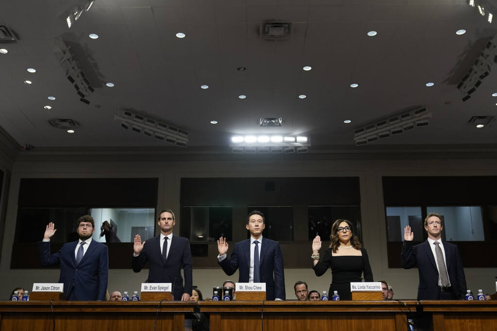 From left to right: Jason Cintron (CEO of Discord), Evan Spiegel (CEO and Founder of Snapchat), Shou Zi Chew (CEO of TikTok), Linda Yaccarino (CEO of X), and Mark Zuckerberg (CEO, Chairman, and Founder of Meta) testify to the United States Congress regarding  child safety on their social media platforms.