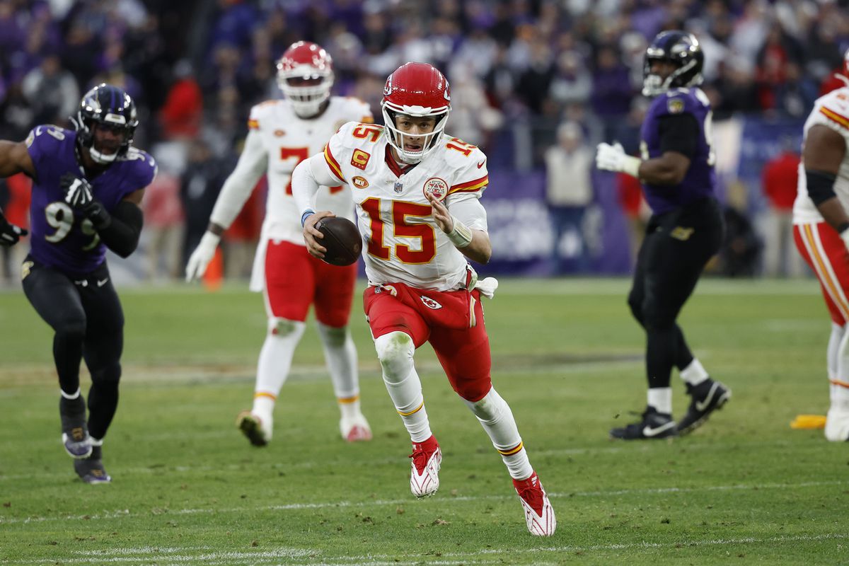 Chiefs Quarterback Patrick Mahomes scrambles for a first down in the Chiefs 17-10 win against the Ravens in the AFC Championship. 
