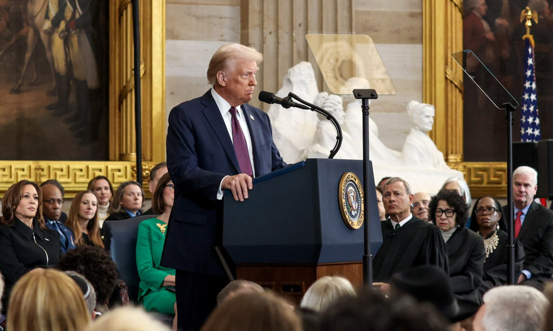 President Trump gave his inaugural address inside this year as the weather would not permit the usual outside ceremony.  (Photo from https://ro.usembassy.gov/president-donald-j-trump-inaugural-address/) 