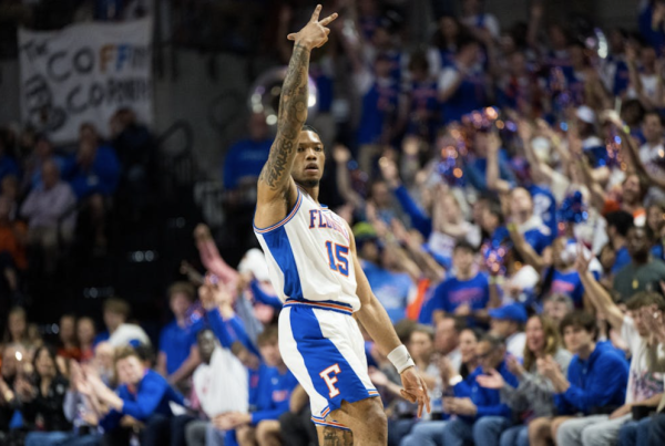 Florida guard Alijah Martin hits a three in one of their regular season games. The Gators are the number one seed in the tournament. (Photo from The Independent Florida Aligator). 