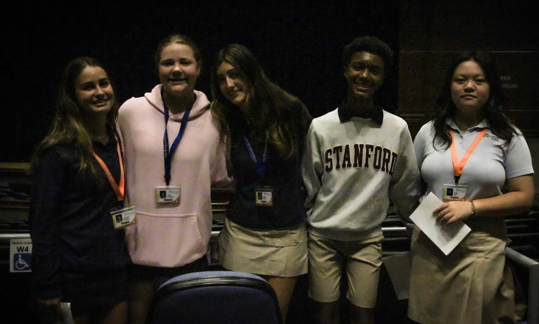 Caroline Connor, Paige Hauisen, Dylan Walsh, Daschle Searcy, and Angela Sun pose for a photo after delivering their speeches.