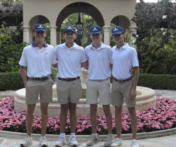 (Left to right) Sophomores Sky Leonard, Grant Reinhart, Nash Mackenzie, and Jack Henry Diaz stand at a golfing fundraiser in June 2025